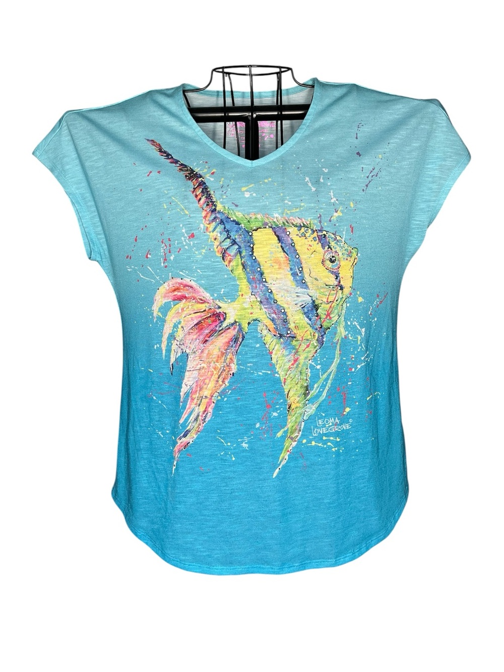 Leoma Lovegrove Fish Top M Rhinestone Embellished Colorful Art Print Shirt